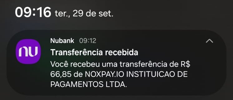 Notificação do banco às 09:12 de 29/09: transferência recebida de R$ 66,85 de NOXPAY.IO INSTITUICAO DE PAGAMENTOS LTDA